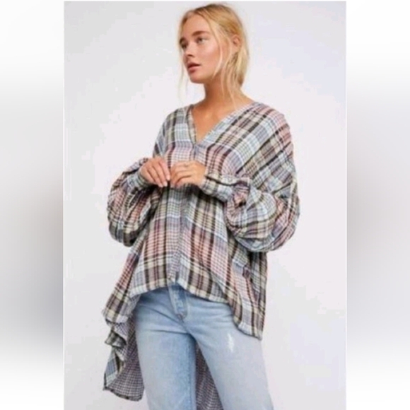 Free People Come On Over Plaid Pleated Oversized Button Up Top Blouse Sz M - Picture 1 of 10